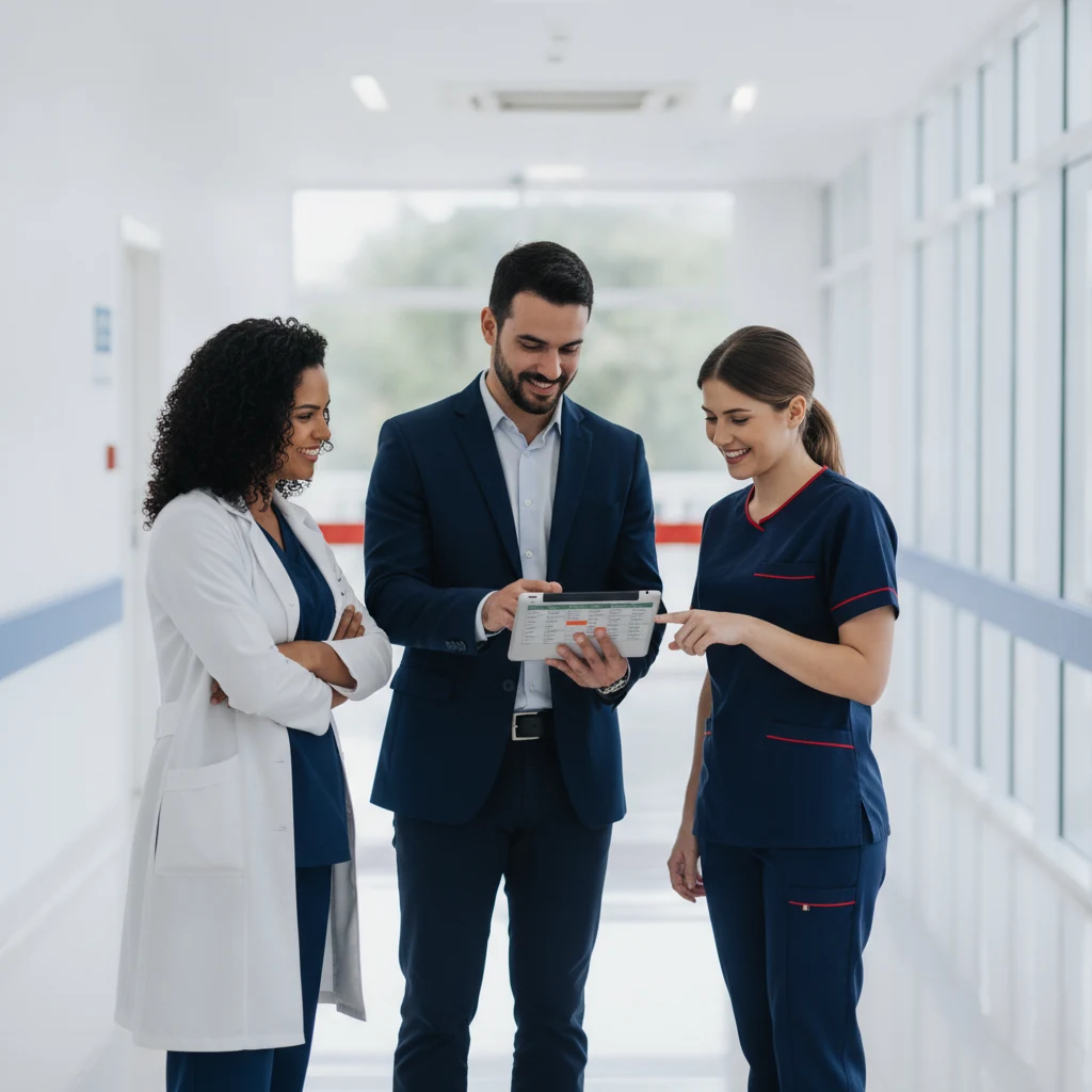 Equipe médica e gestor de saúde colaborando em um corredor moderno de hospital